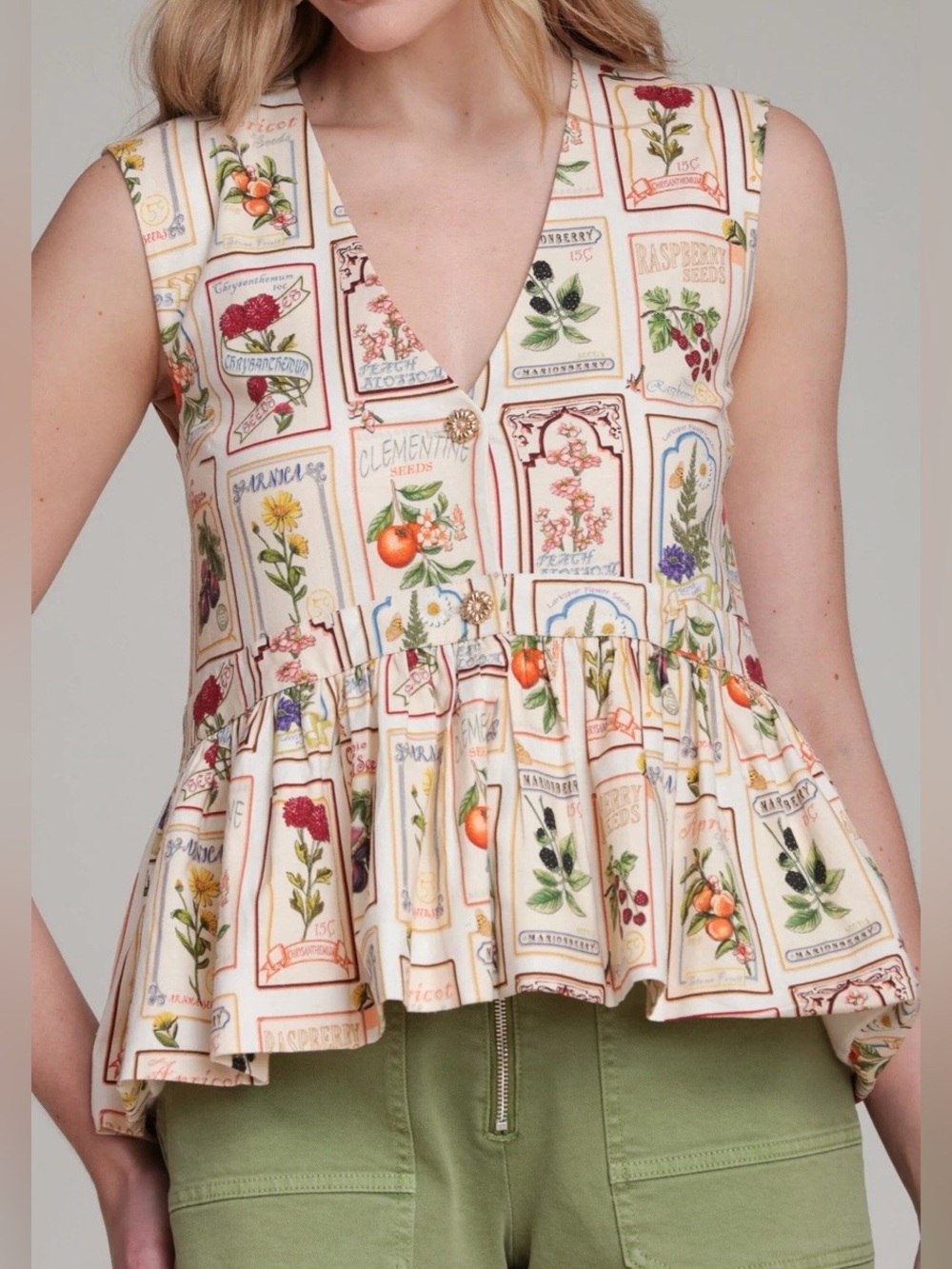 Avec Les Filles/Anthropologie Linen Blend Floral Peplum Top in Cream Size M. NWT